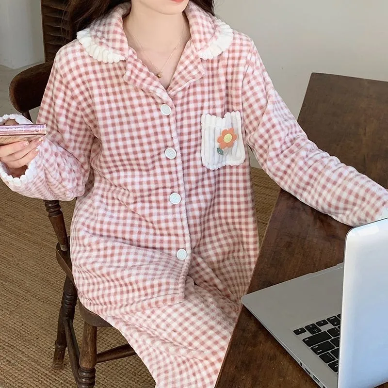 Autumn Winter Women Coral Velvet Sleepwear Thickened Cardigan Sweet Cute Loungewear Suit Flannel Long Sleeve Female Pajamas Set