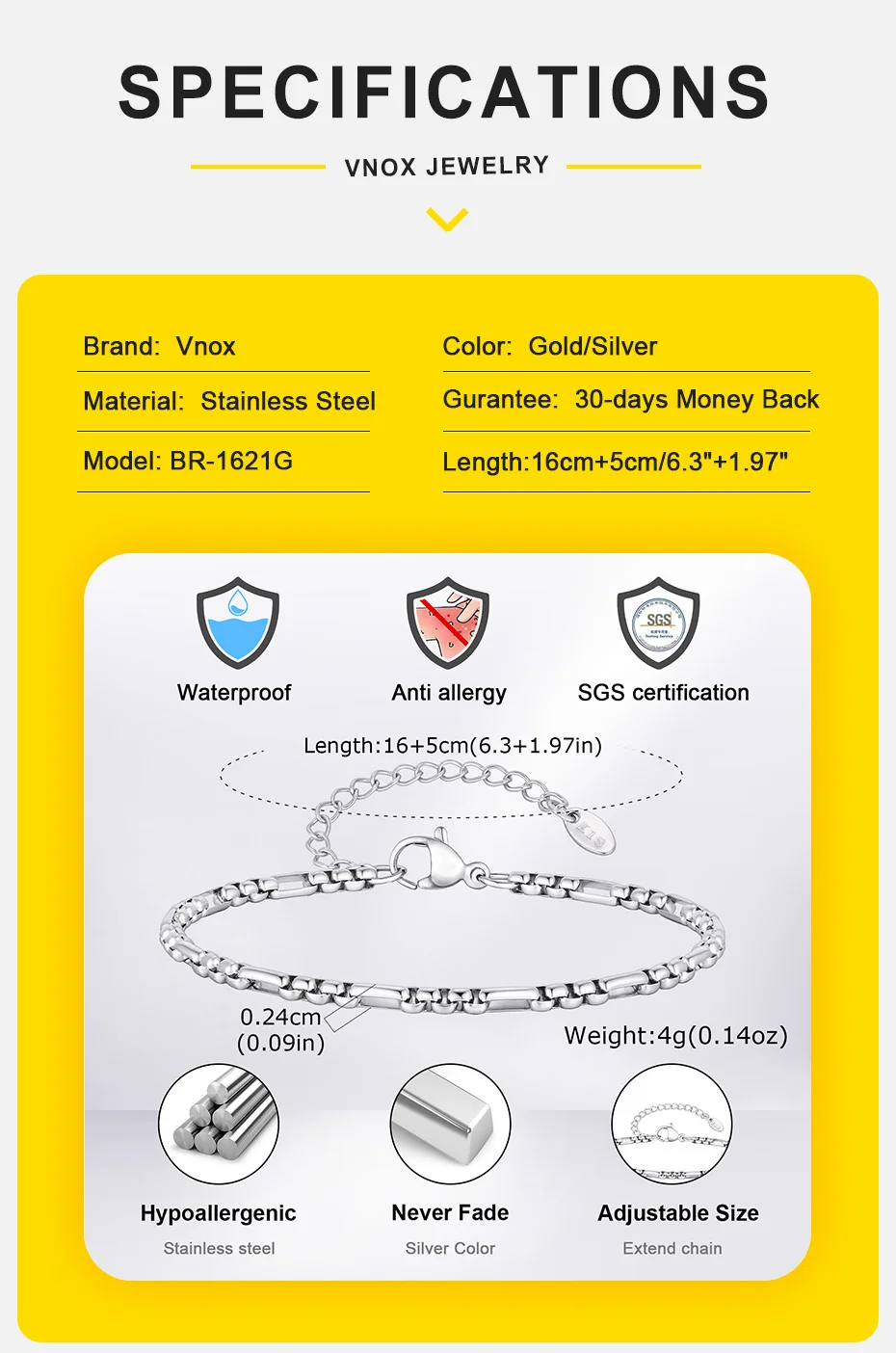 Vnox Edelstahl-Kastenkettengliederarmband für Herren, 16–21 cm verstellbares Gliederarmband, gold-silberfarbener Schmuck, Jubiläumsgeschenke – Detail 4