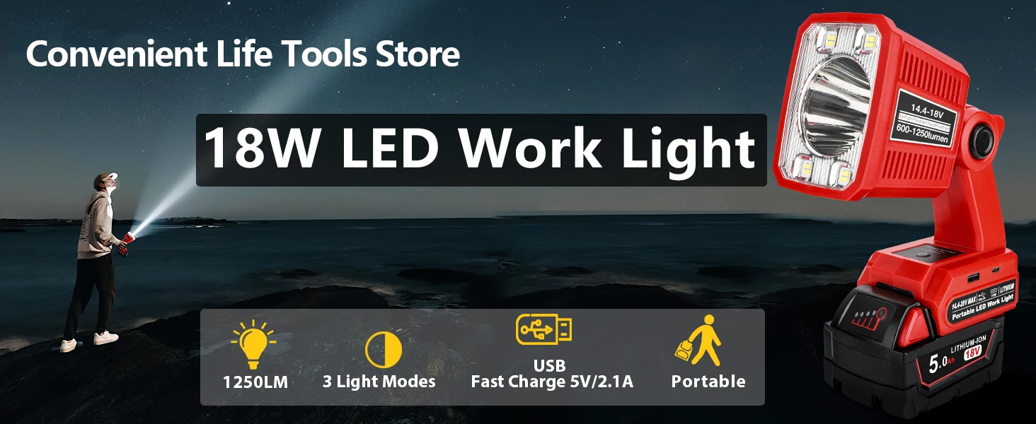 18V LED Flashlight for Milwaukee M18 18v Battery 18W LED Work Light LED Battery