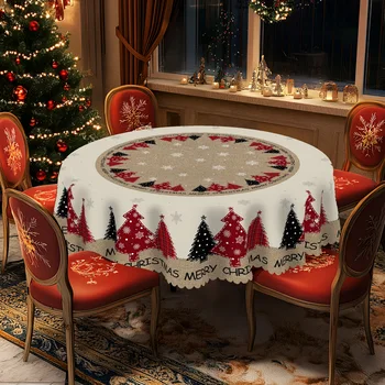 1 Piece of Christmas Round and Rectangular Tablecloths Available in Various Sizes, Rural Farmhouse Christmas Tree and Exquisite Decorations Printed Pattern Design Tablecloths for Daily Home Kitchen, Terrace Use, Gifts