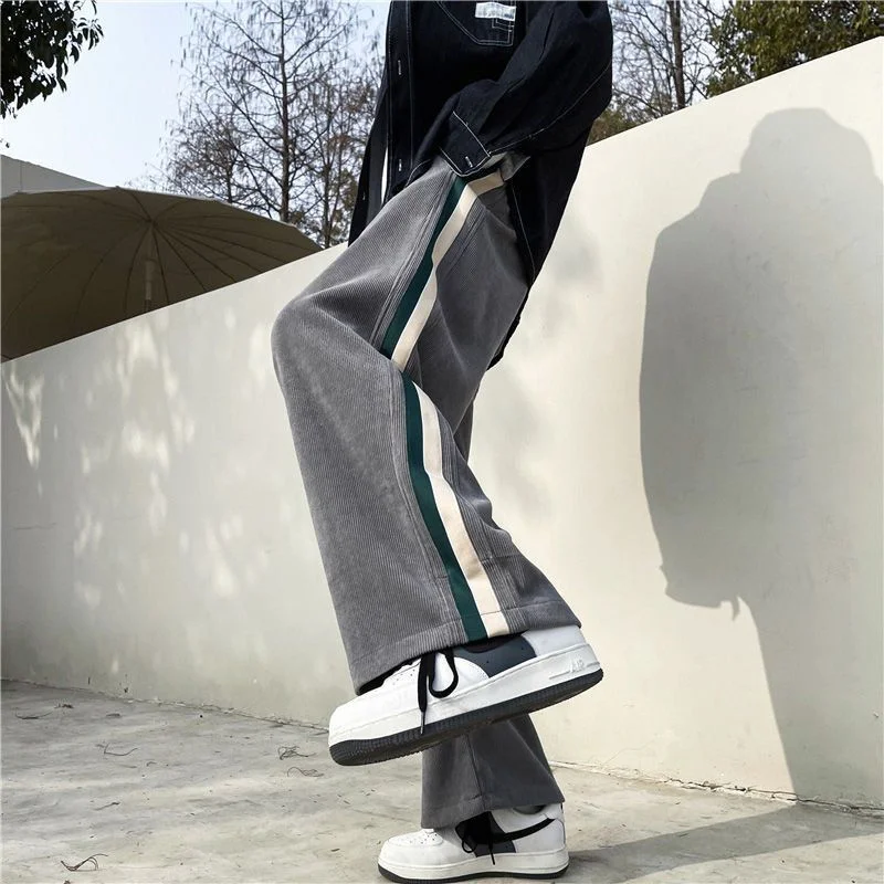 American Street Pants Loose Corduroy Patchwork Striped Pants Men Contrasting Elastic Waist Drawstring Straight Casual Trousers