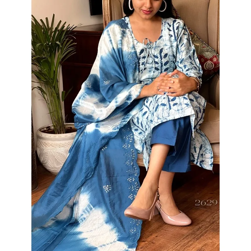 Cotton Blue Printed Kurti Palazzo Dupatta Women Salwar Kameez Round Neck Lace Up Dress