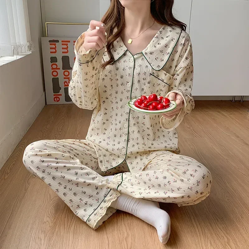 

Turn-down Collar Kawaii Sprin Cartoon Women Elegant Thin Pyjama Floral Sleeve Printed Trendy 2pcs Long Womens Pajama Sets Autumn