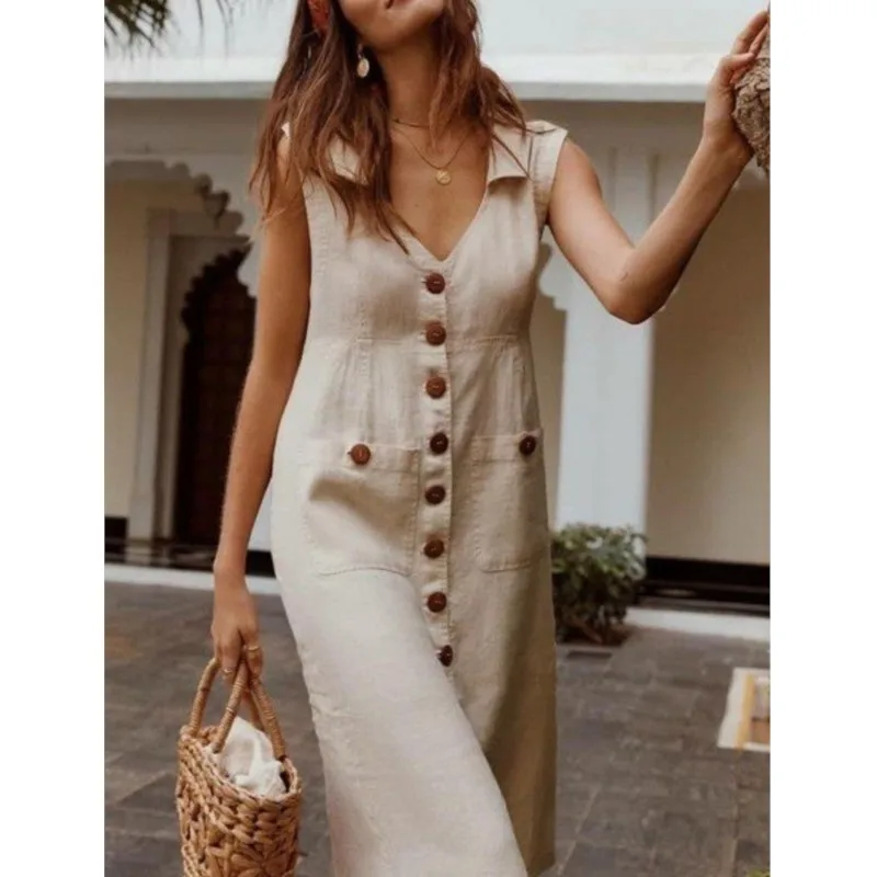 

Summer Vintage Linen And Cotton Dresses For Women 2024 Sexy V-neck Buttons Solid Pocket Midi Office Dress Elegant Robe Femme