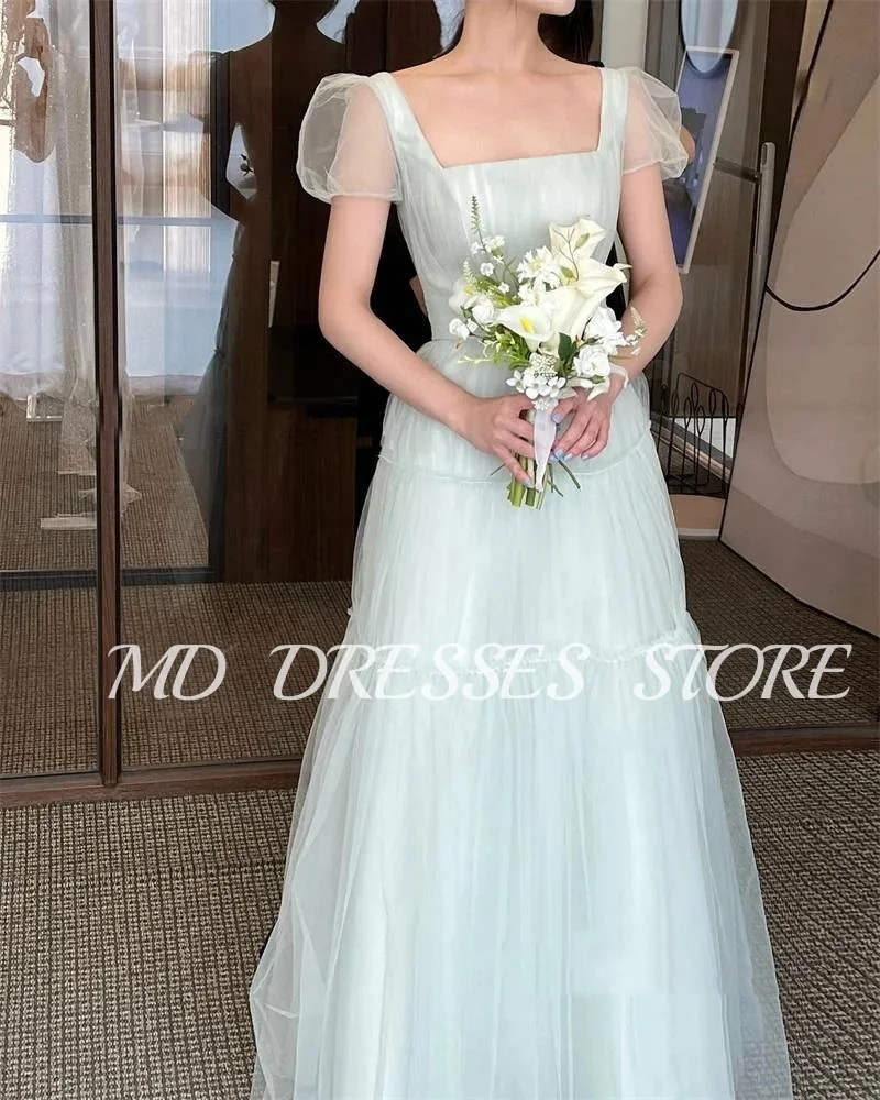 MD A-line Fairy Mint Green Wedding Dresses Puff Short Sleeves Bride Gowns Korea Tiered Photoshoot Square Neck Customized 2025 2