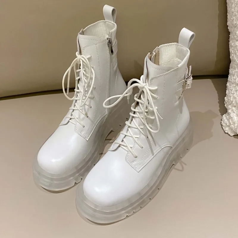 

Size 40 Cow Leather Round Toe Chelsea Boots Zipper Keep Warm Winter Shoes Platform Transparent Elegant Ankle Boots