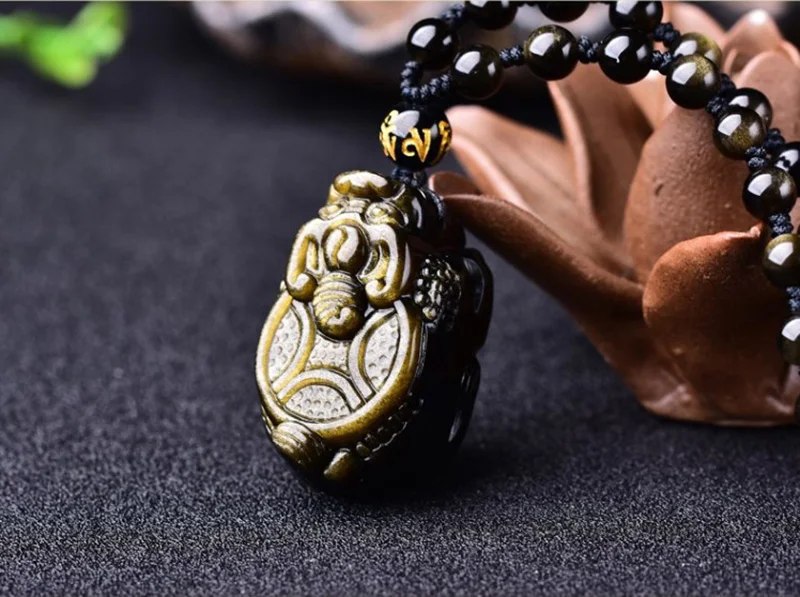 Gold Obsidian Dragon Turtle Pendant With Black Beads Necklace Men Jewelry For Women Fashion Bless Peace Pendants pendulo