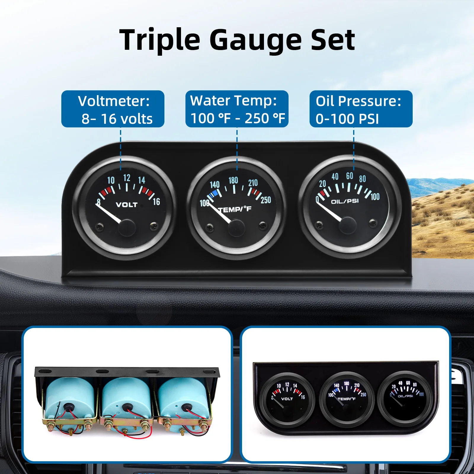 Kit de Medidores Triples de 52MM para Panel de Instrumentos, Presión de Aceite, Voltaje y Temperatura del Agua, con Sensor de Temperatura del Aceite, para Todo Tipo de Vehículos 4