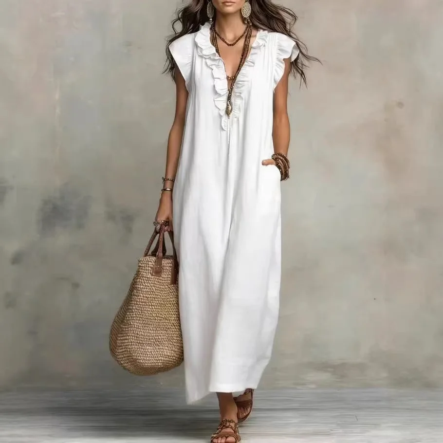 Women Boho Cotton Linen Ruffle V Neck Long Dresse - Image 2