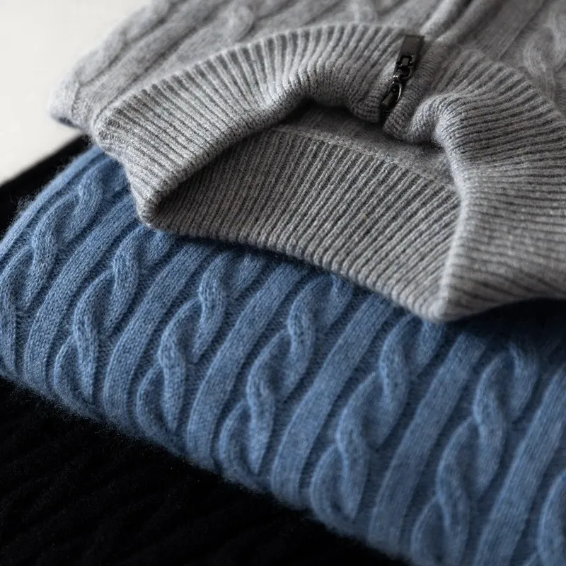 Autumn Winter Men's Cashmere Sweater Classic Comfortable Fit Twisted Cashmere Knitted Half Zip Stand Collar 5