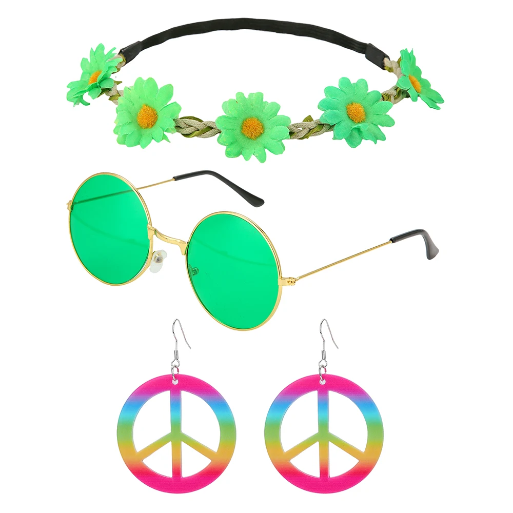60s 70s Hippie Accessories Kit Flower Headband Red Sunglasses Peace Earrings for Halloween Costume, Woodstock Themed Party, Cosp - 4