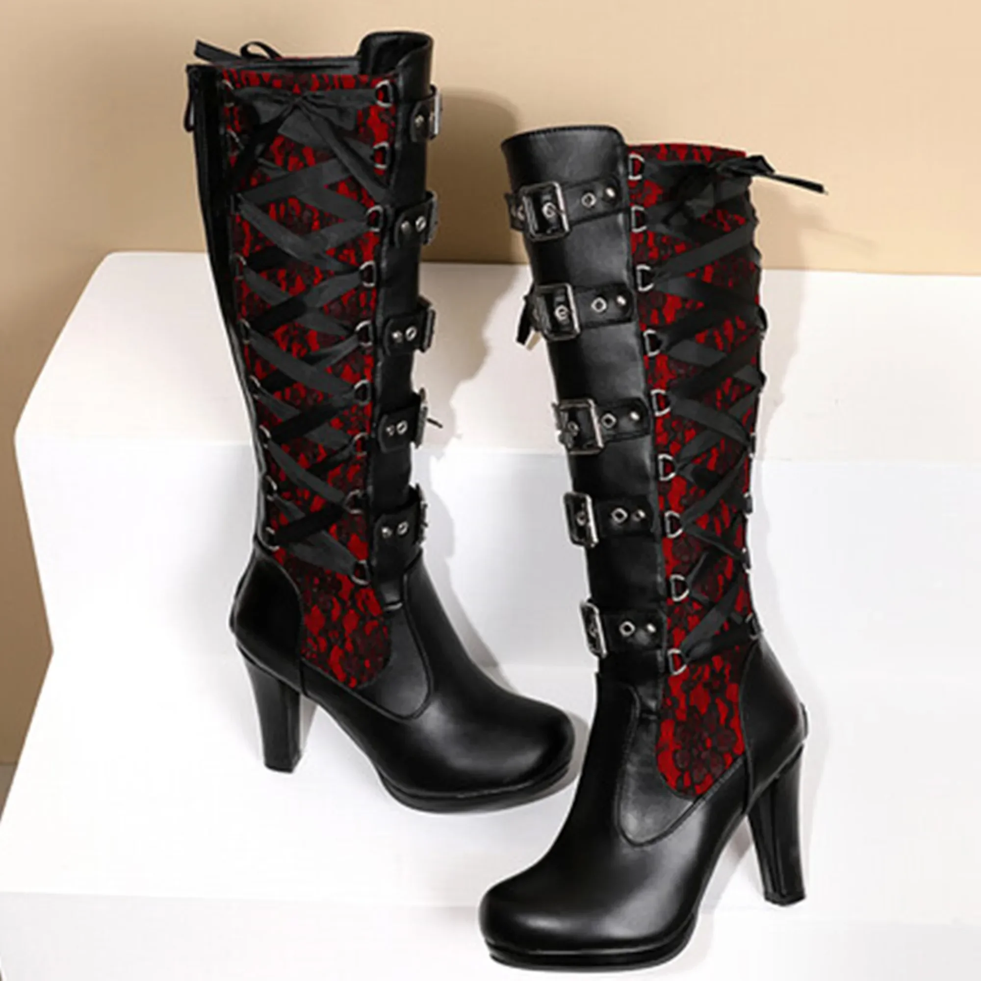 

【ENMAYER】 Platform Boots for Women Lace Up Chunky High Heel Med Calf Boots Narrow Band Bow Knot Goth Gothic Shoes Winter 2023