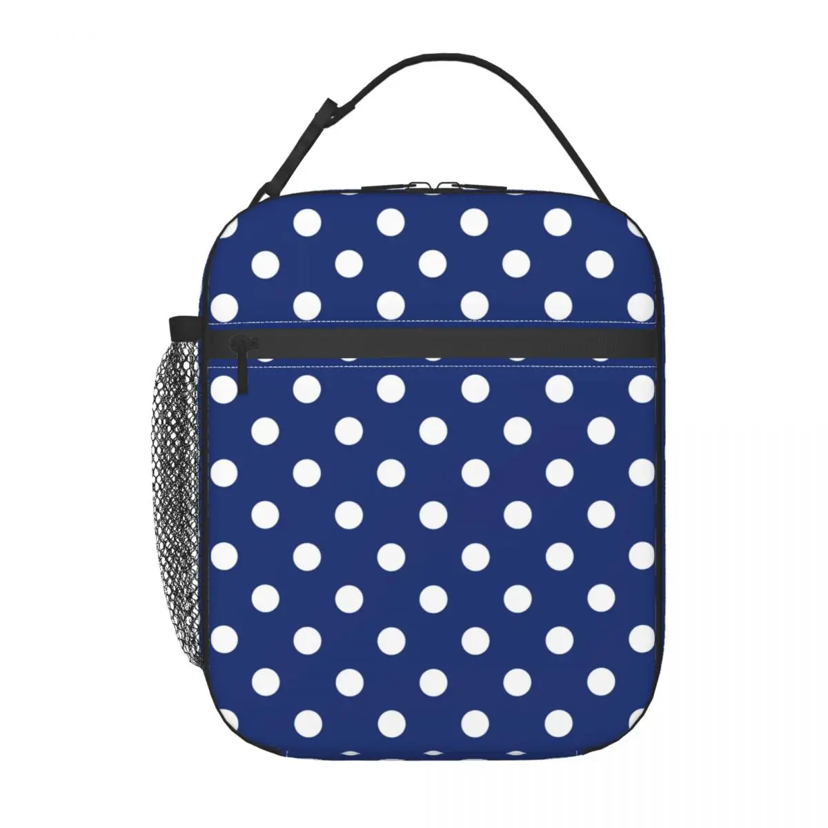 White Polka Dots Navy Blue Seamless Pattern Insulated Lunch Bag Waterproof Cooler Thermal Lunch Tote Beach Camping Travel