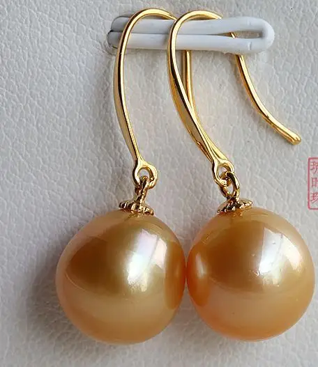 

a pair 9-10mm south sea gold pink round pearl dangle earrings 14k