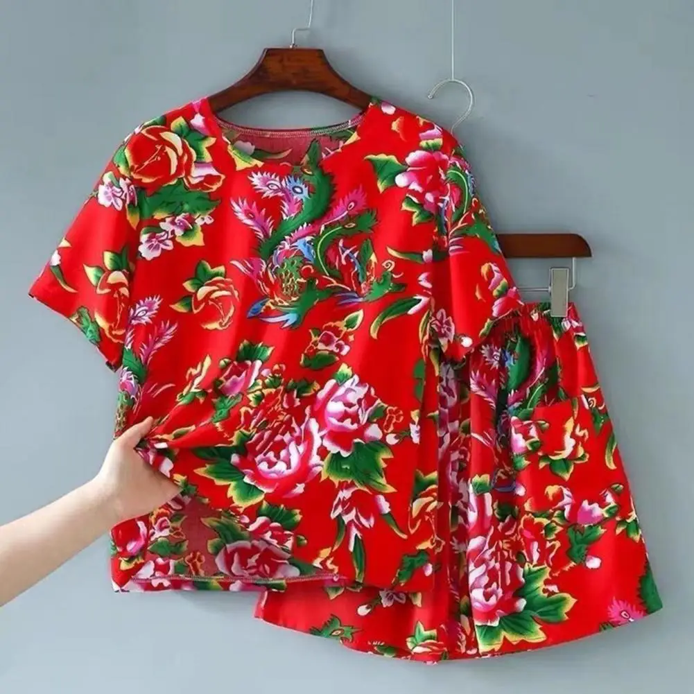 

Northeastern Floral Print Casual Outfit Chinese Ethnic Style Men's Floral Print Outfit Set with O-neck Short Sleeve for Summer