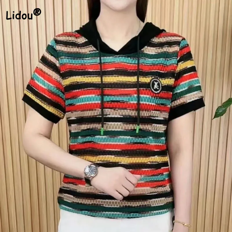

Fashion Women's Contrast Color Striped Hooded T-shirt Vintage Summer Casual Commute Short Sleeve Pullovers Tops Female Clothing