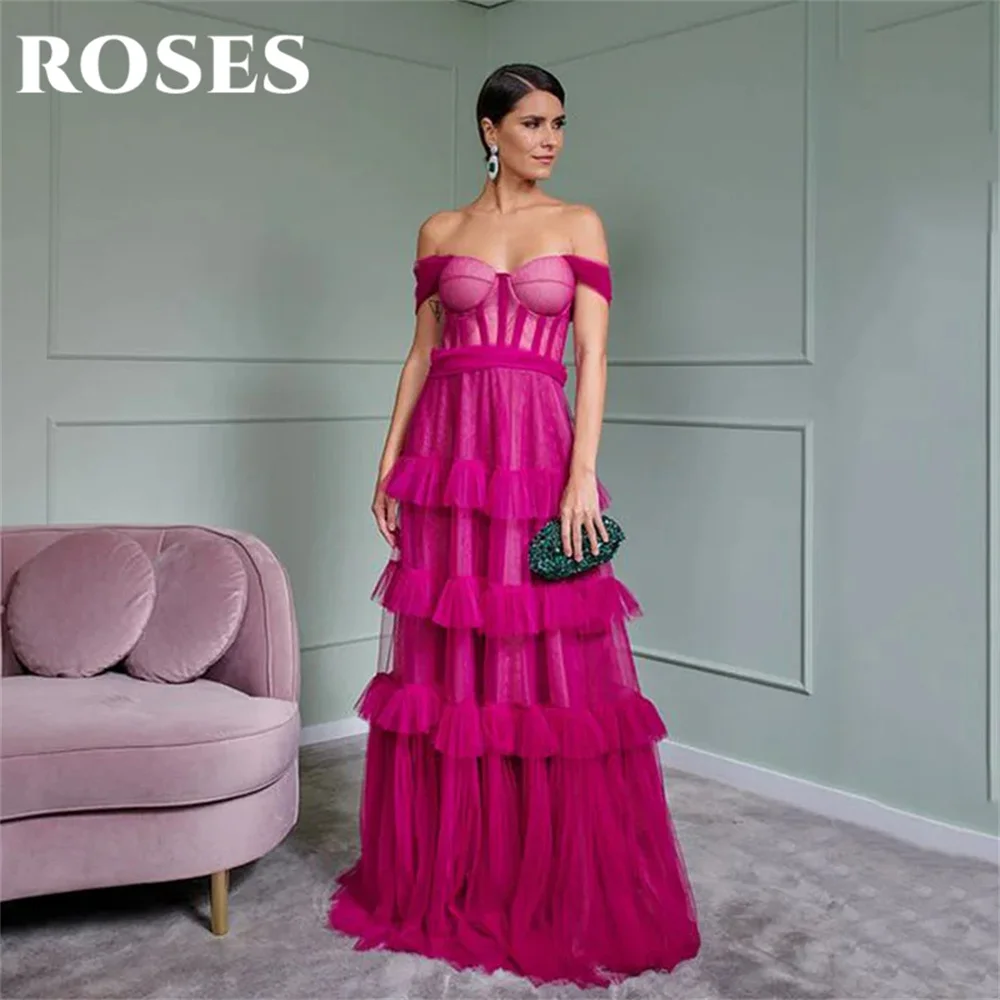 

ROSES Fuchsia Evening Dress Luxury Pleat Tulle فستان سهرة Off The Shoulder Sweetheart A-line Prom Dress Floor Length Party Dress