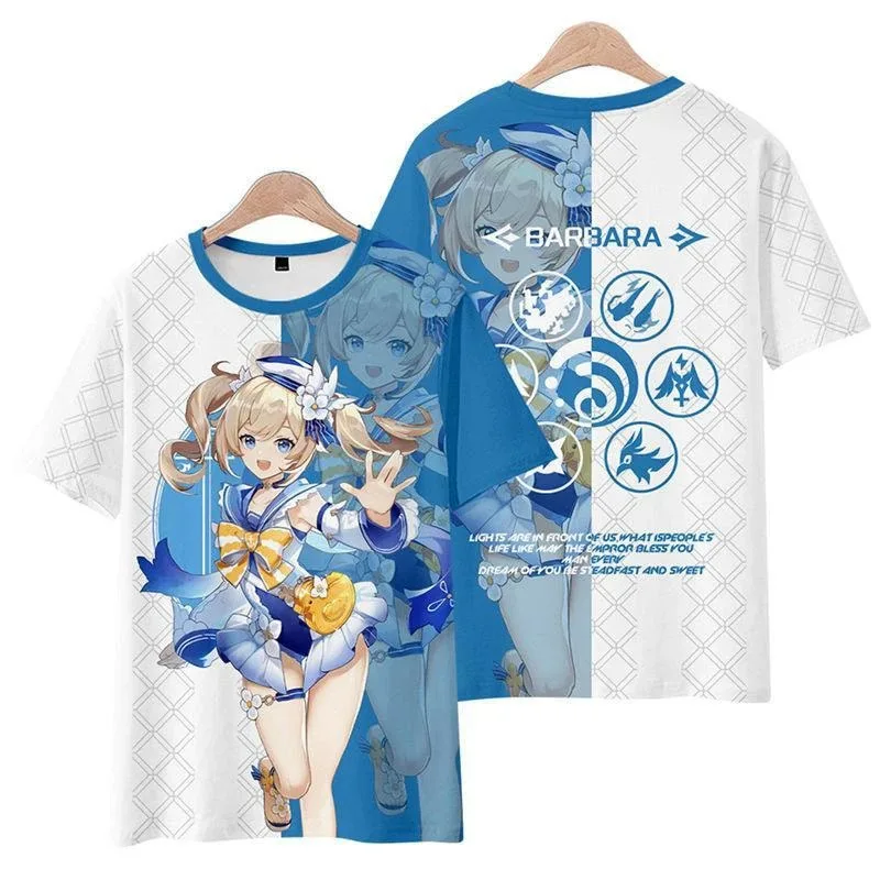Moda kawaii genshin impacto barbara 3d t-shirts impressão anime jogo das mulheres dos homes camisetas topos o-pescoço manga 