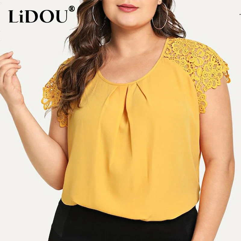 

Summer Solid Lace Sexy Plus Size Shirt Women Short Sleeve Hollow Out Oversized Loose Lady Tops Sweet Casual Chic Female Clothes