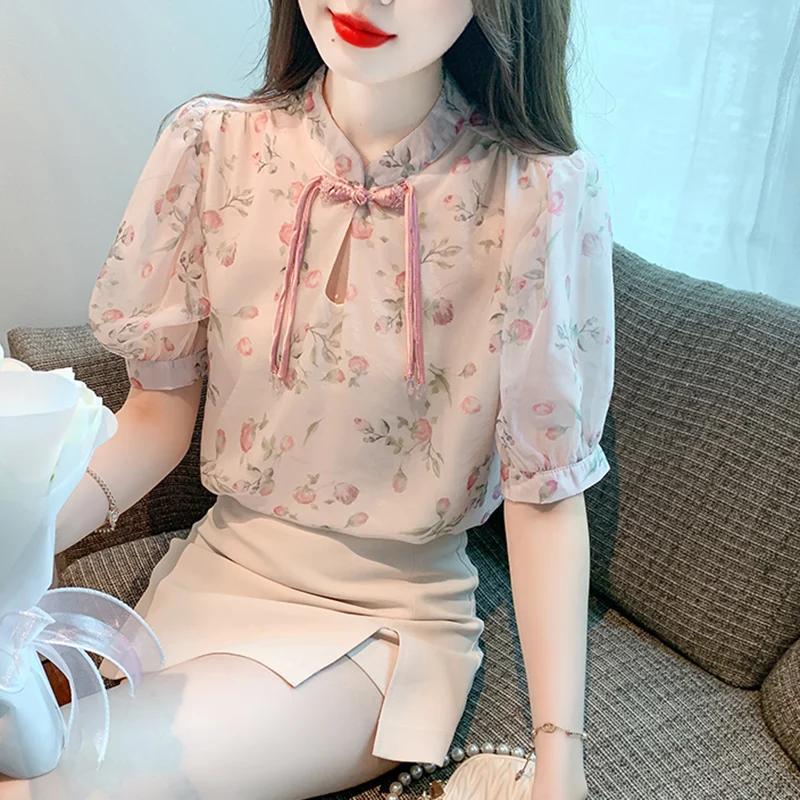 

Летняя новая шифоновая рубашка с китайским принтом пряжки, рубашка в китайском стиле, женские топы