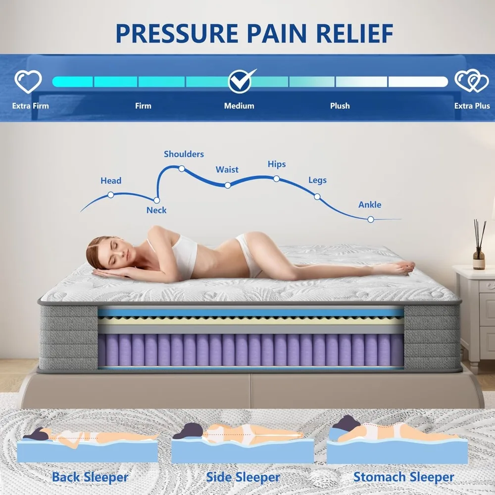 Queen Size Mattress 12 Inch Medium Firm Gel Infused Memory Foam and Pocket Spring Hybrid Mattresses for Cool Sleep Relieving Pr 6