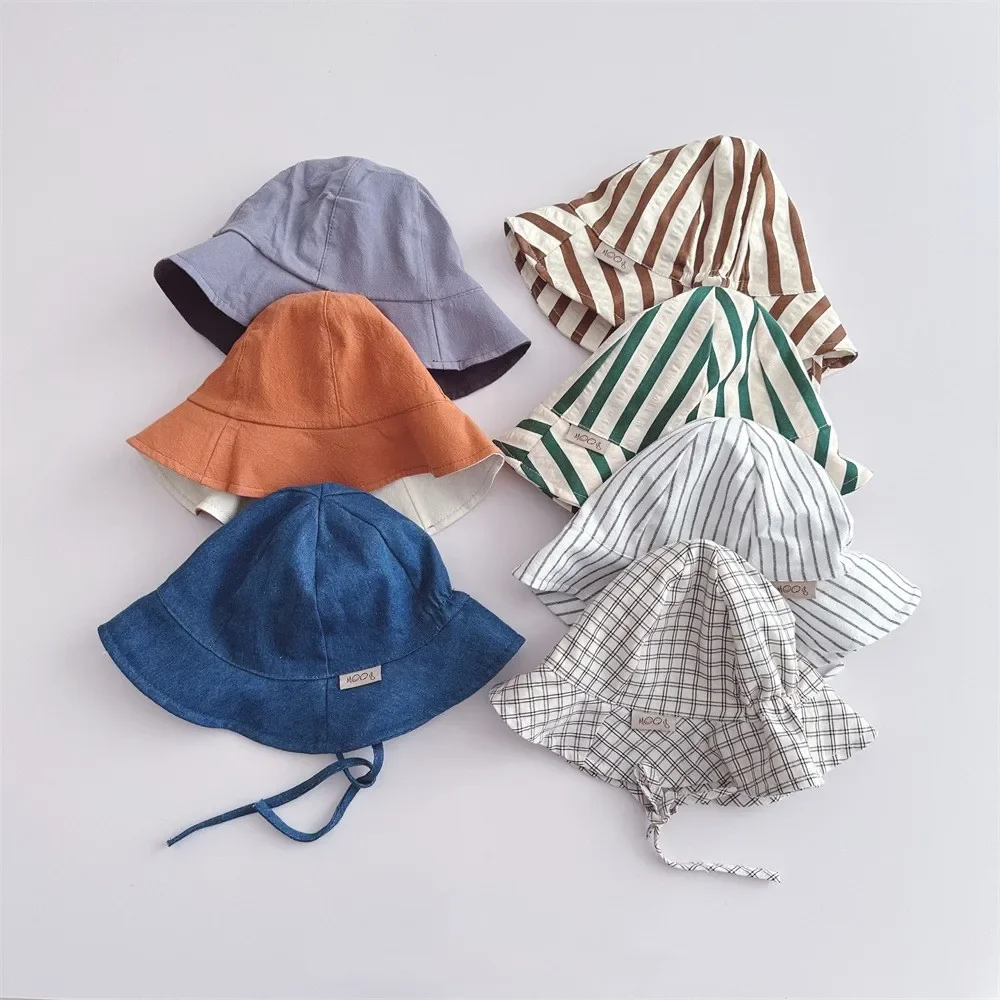 New Boy Children Striped Lacing Fisherman's Cap Girl Baby Solid Casual Sunscreen Hat Infant Cotton Caps Kid Windproof Basin Hats 3