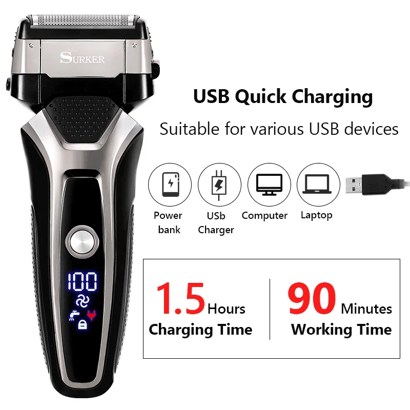 USB Rechargeable Electric Shaver Stainless Steel Shaving Machine for Men 3D Triple Floating Blade Razor Shaver Barber Electric