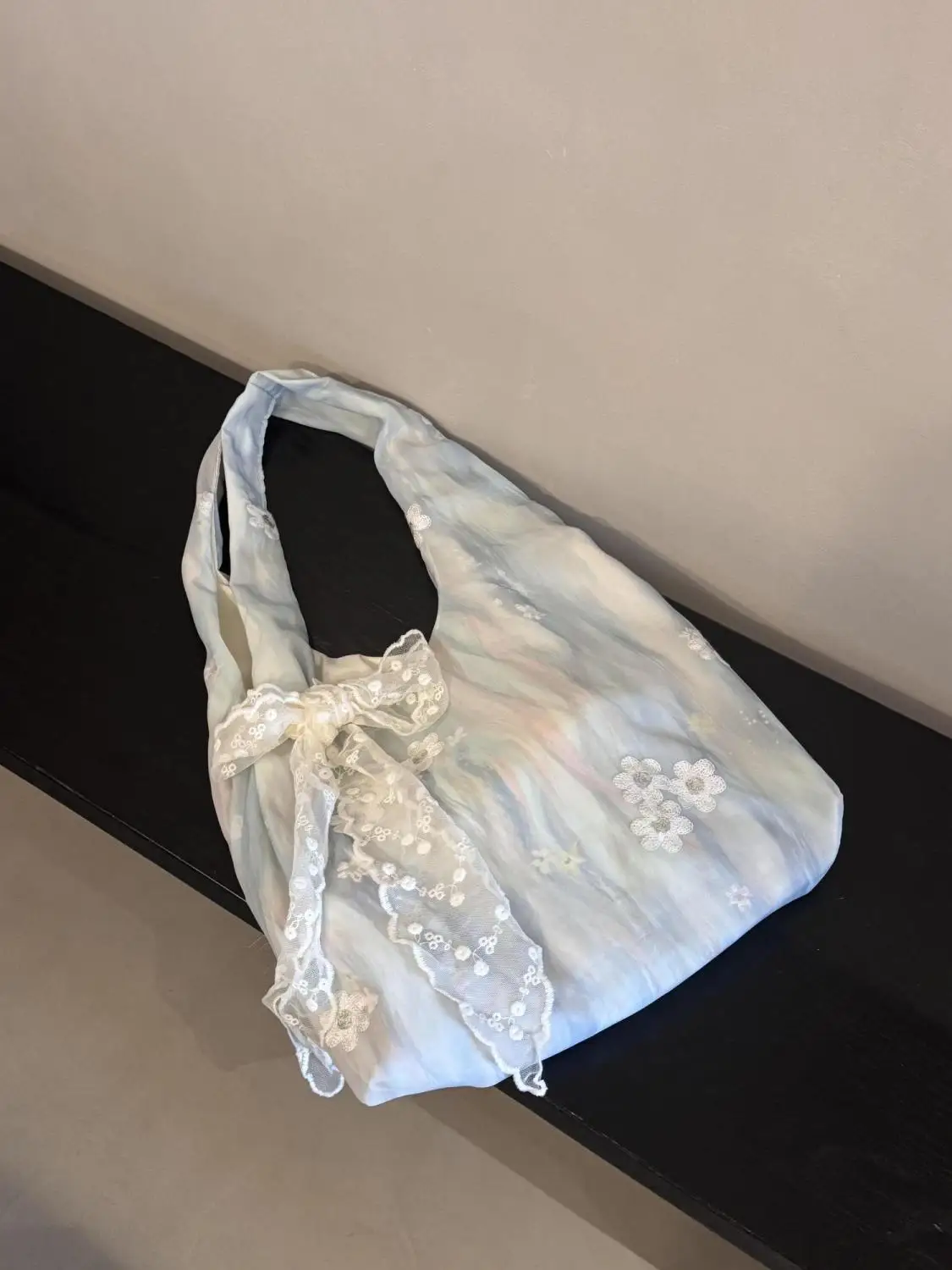 JIAERDI Fairycore Aesthetic Blue Handbag Women Floral Embroidery Lace Shoulder Bags Hot Girls Large Capacity Canvas Tote Bag New