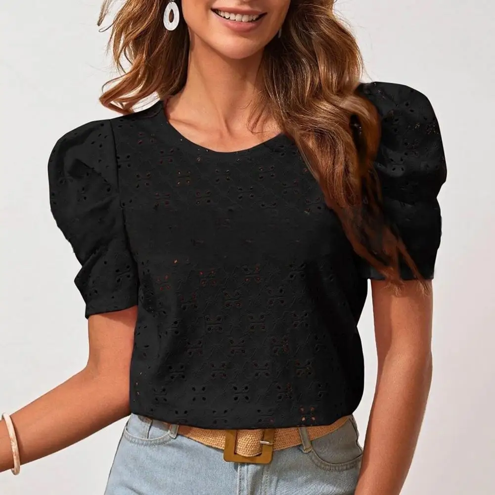 

Female Clothes Stylish Women's O Neck Pleated Blouse Breathable Soft Fashionable Summer Top with Short Bubble Sleeves Hollow Out