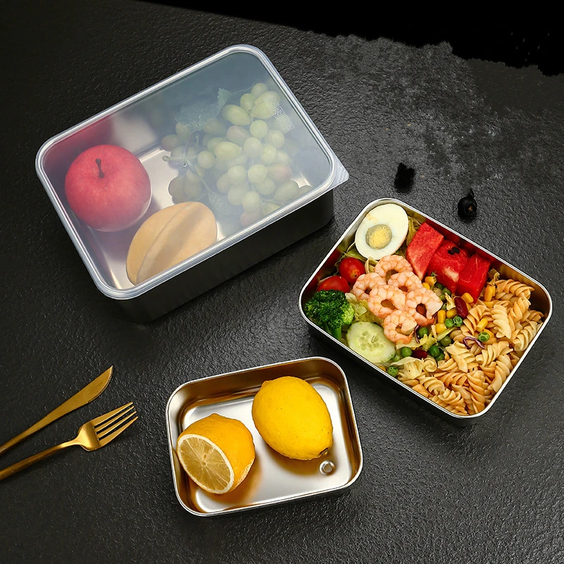 304 Stainless Steel Food Storage Trays with Cover Refrigerator Crisper Fruit Sealed Pan Organizer Container Kitchen Plates 2