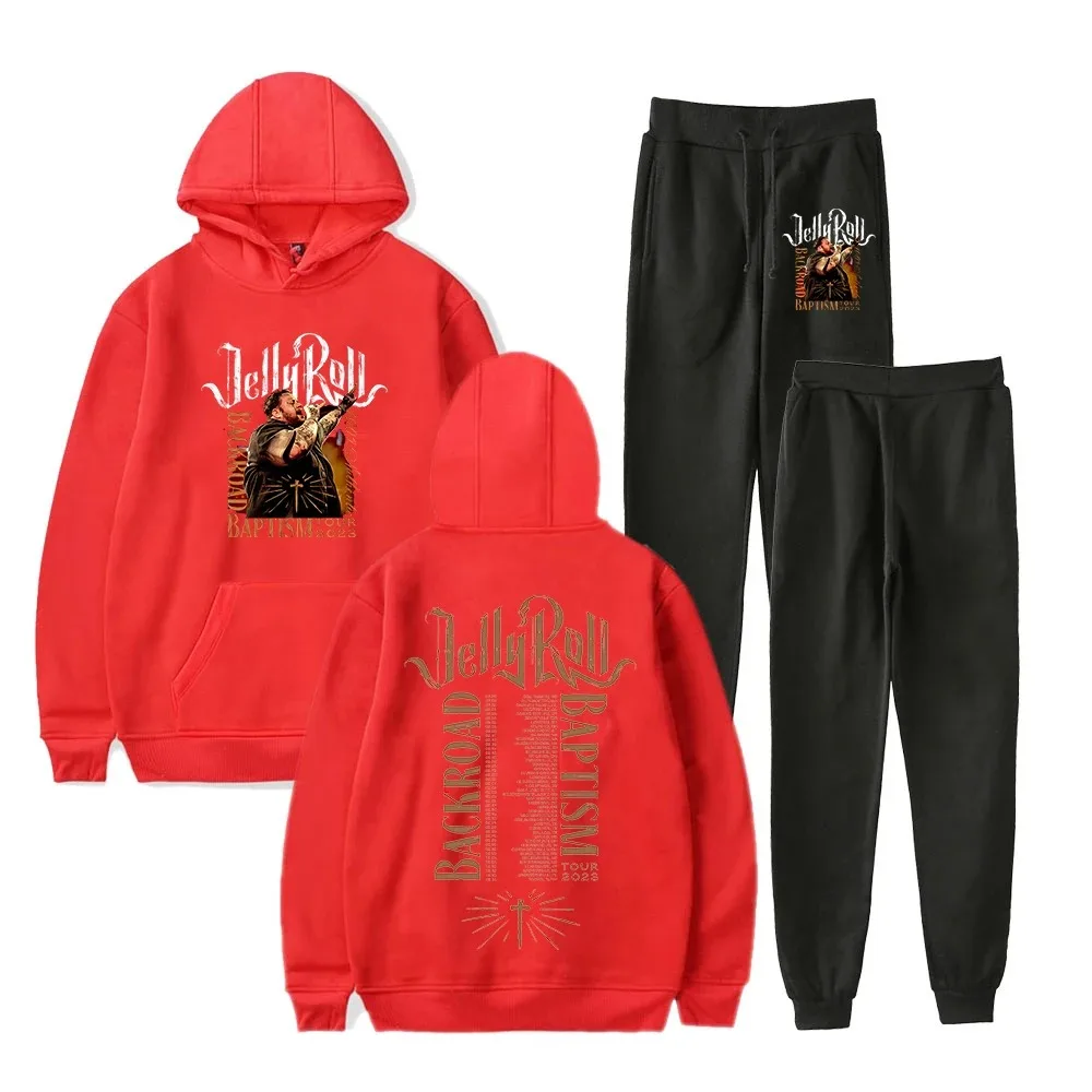 Jelly Roll Backroad Baptism Tour Hoodie e Calças Jogger para homens e mulheres, moletons e moletons, roupas Hip Hop, 2 peças,