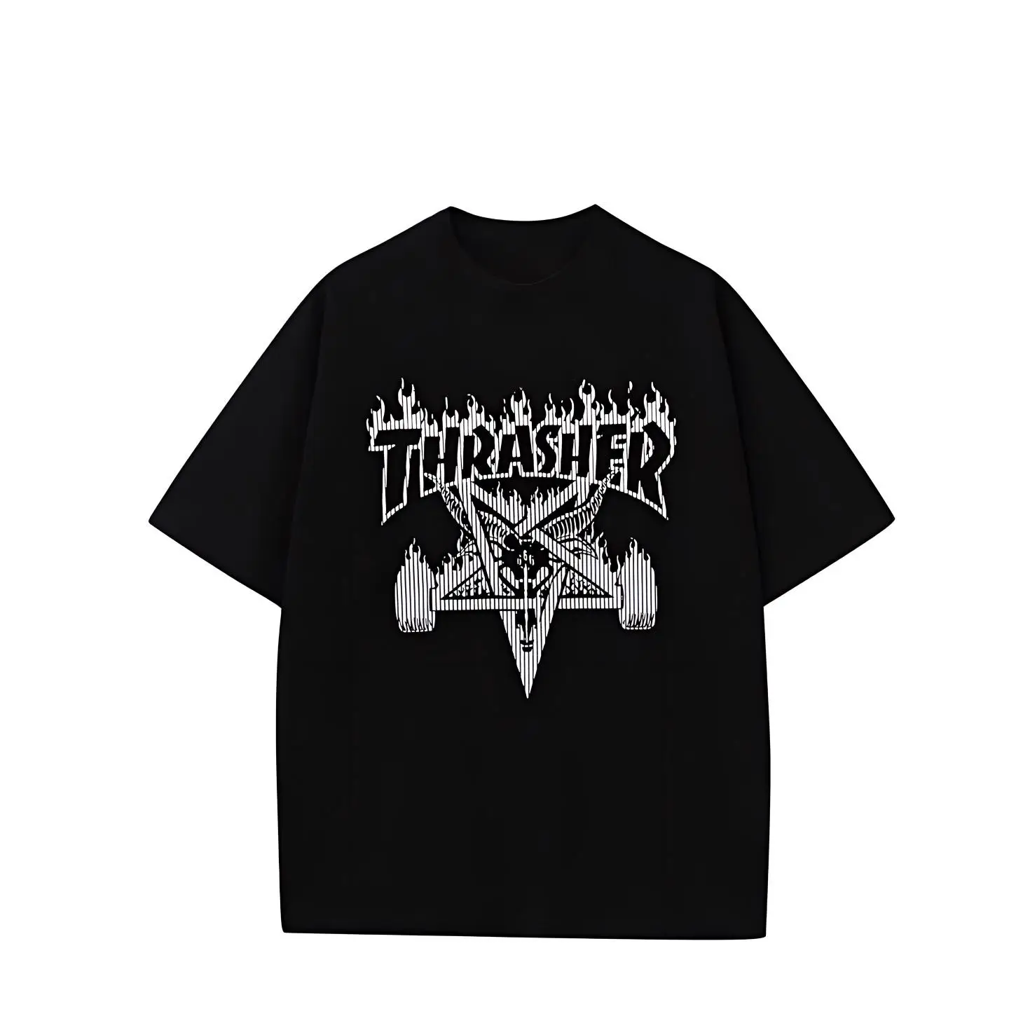 Thrasher Flame Pentagram Skateboard-Grafik-T-Shirt, schwarzes Baumwoll-T-Shirt mit Rundhalsausschnitt, Streetwear-Punk-Stil für Männer und Frauen