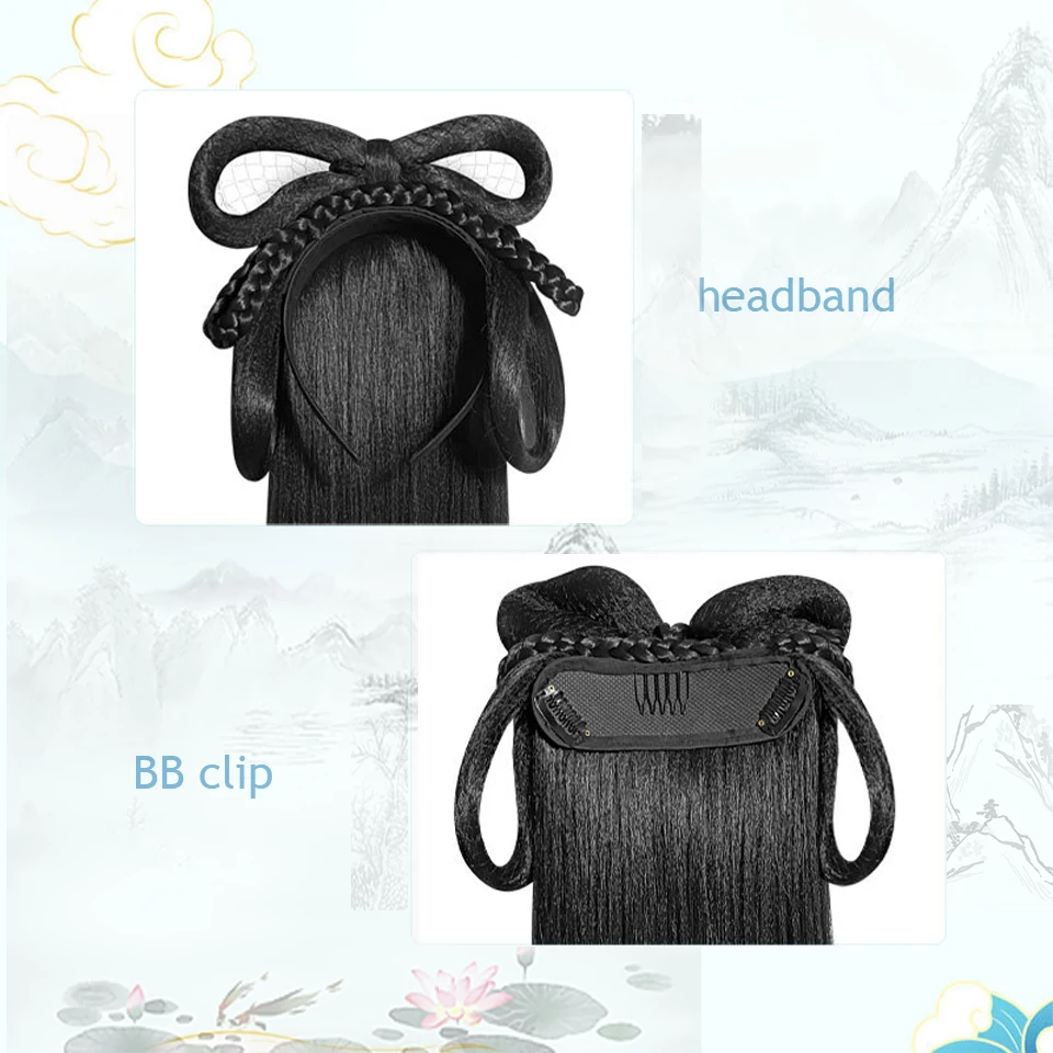 SEEANO Hanfu Wig Headband Women Chinese Style Synthetic Hair Piece Antique Modelling Cos Pad Hair Accessories Headdress Black