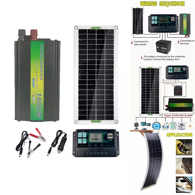 

220V 30W Solar Panel Battery Charger 1000W Inverter USB Kit Complete Controller Solar Power System