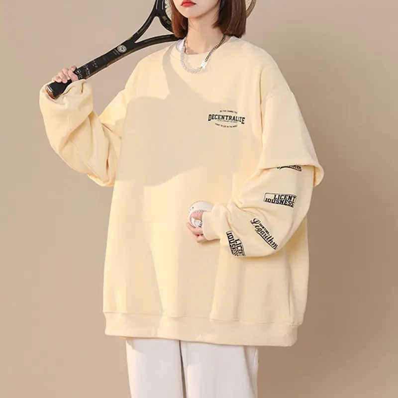 Letter Sweatshirts Women Vintage Students Fake 2 Pcs Designed Ulzzang Streetwear BF Couple Harajuku Classic Chic All-match