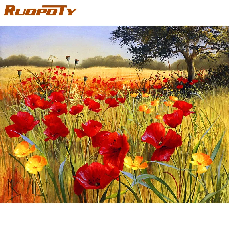 

RUOPOTY Frame Picture Diy Painting By Numbers For Adults Red Flowers Draw On Number Painting Diy Gift Artwork For Home Decors
