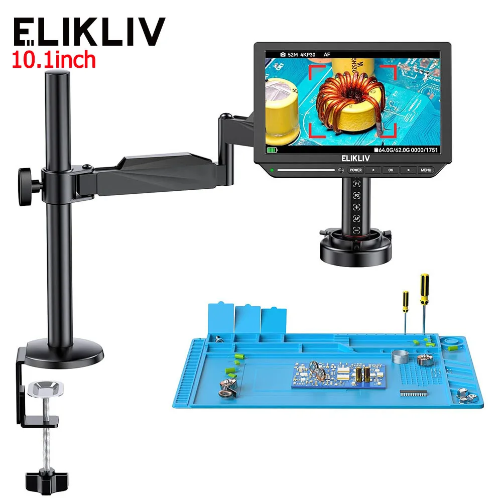 Elikliv EM4K-AF Flex 10.1'' Autofocus Digital Microscope 2000X HDMI Microscope with Arm 4K Soldering Microscopio for Electronics
