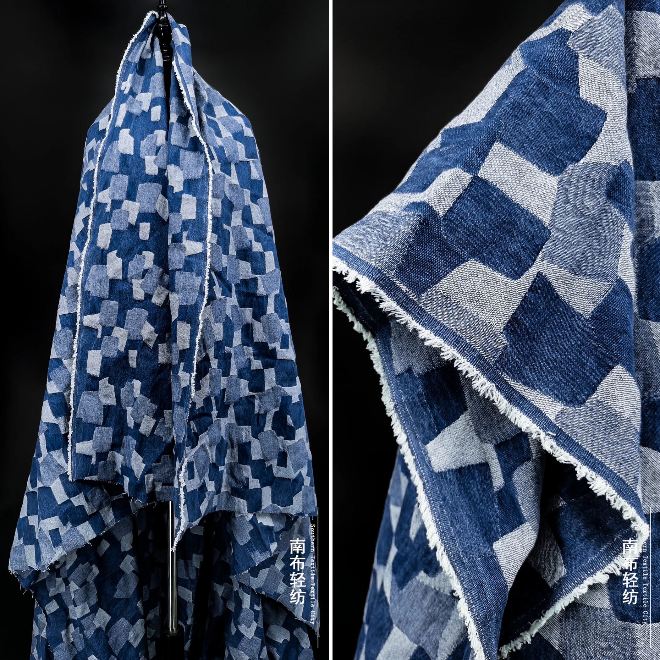 Dark Blue Patch Plaid Denim Double-Sided Irregular Handmade Diy Coat Skirt Designer Fabric
