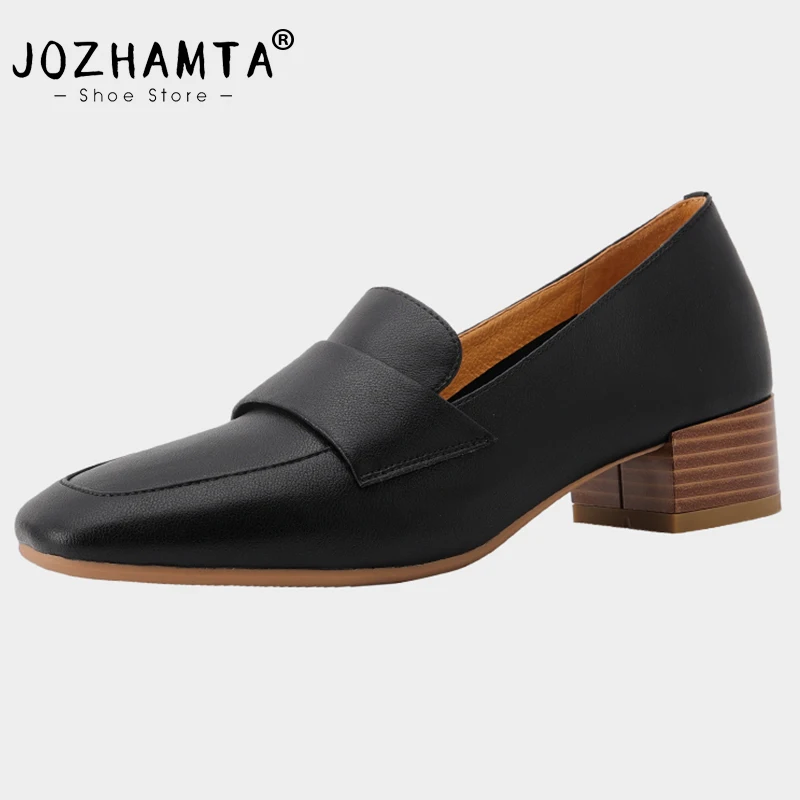 

JOZHAMTA Size 34-40 Women Pumps Real Leather Sexy Solid Thick Heels Shoes For Woman Casual Loafers Office Lady Daily Footwear