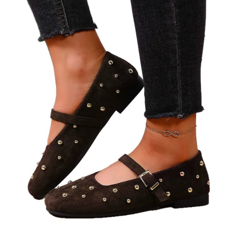2025 Autumn Mary Jane Shoes for Women Fashion Rivet Suede Classic Retro Brown Casual Soft Bottom Comfortable Ladies Flats