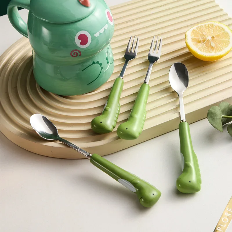 304 스테인리스 스틸 디저트 커피 스푼, 과일 포크, 아기 어린이 공룡 스푼, 세라믹 손잡이 식기, 가정용 식기 