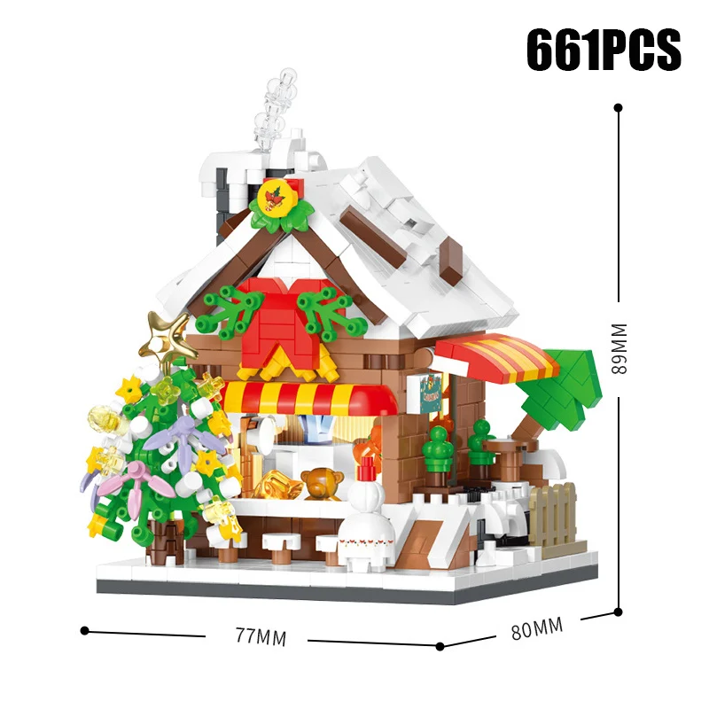 Micro Christmas Coffee Candy House With Lights Model Building Blocks Creative Bookstore Xmas Decoration Diamond Bricks Kids Gift