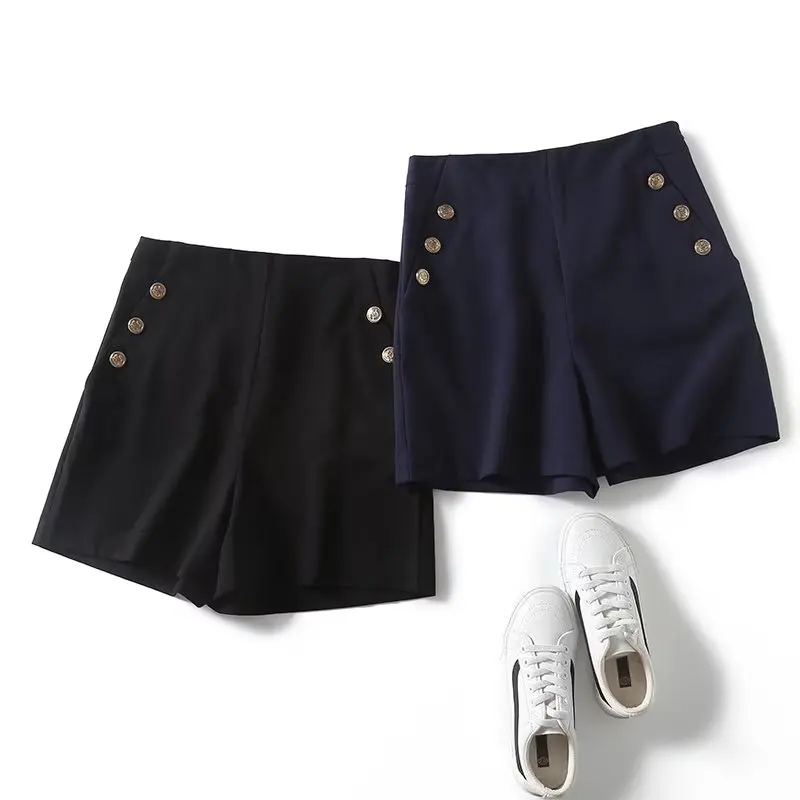 Dave&Di British Ladies Double Breasted High Waist Shorts Commuting Elegant Casual Simple Bermuda Shorts Women