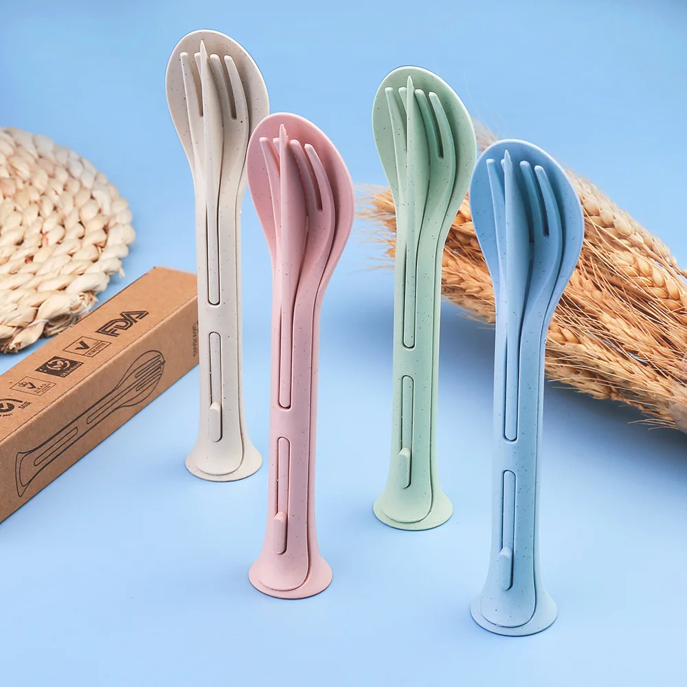 3pcs/set Travel Portable Cutlery Set 3 In 1 Wheat Straw Knife Fork Spoon  Japan Style Student Dinnerware Sets Kitchen Tableware