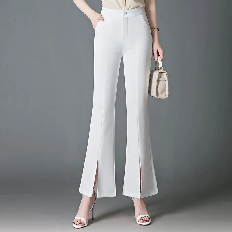 

Women Summer Solid Slit Elegant Flared Suit Pants Trendy Slim High Waist Business Casual Office Lady Cropped Trousers Pantalones