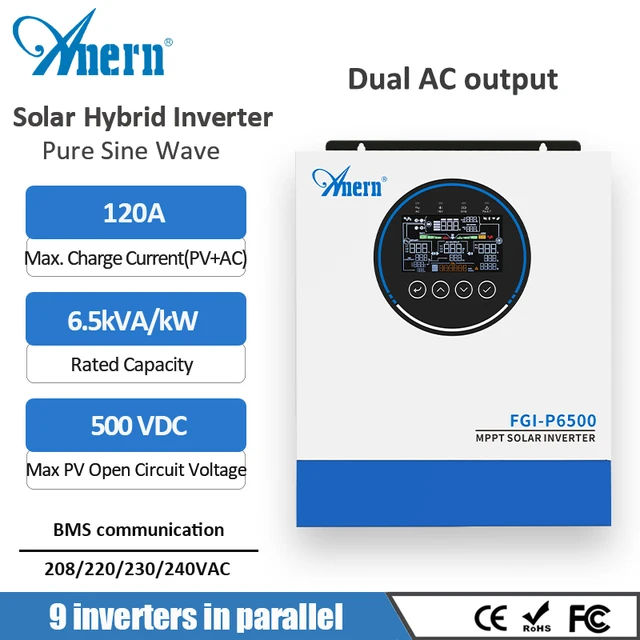 อินเวอร์เตอร์พลังงานแสงอาทิตย์ Anern 6.5KW แบบขนาน รองรับการเชื่อมต่อไฟฟ้ากระแสสลับคู่ ระบบ MPPT 120A อินเวอร์เตอร์ไฮบริด 48V รองรับแผงโซลาร์เซลล์สูงสุด 500Vdc พร้อมระบบ BMS สำหรับแบตเตอรี่ลิเธียมและตะกั่วกรด 1