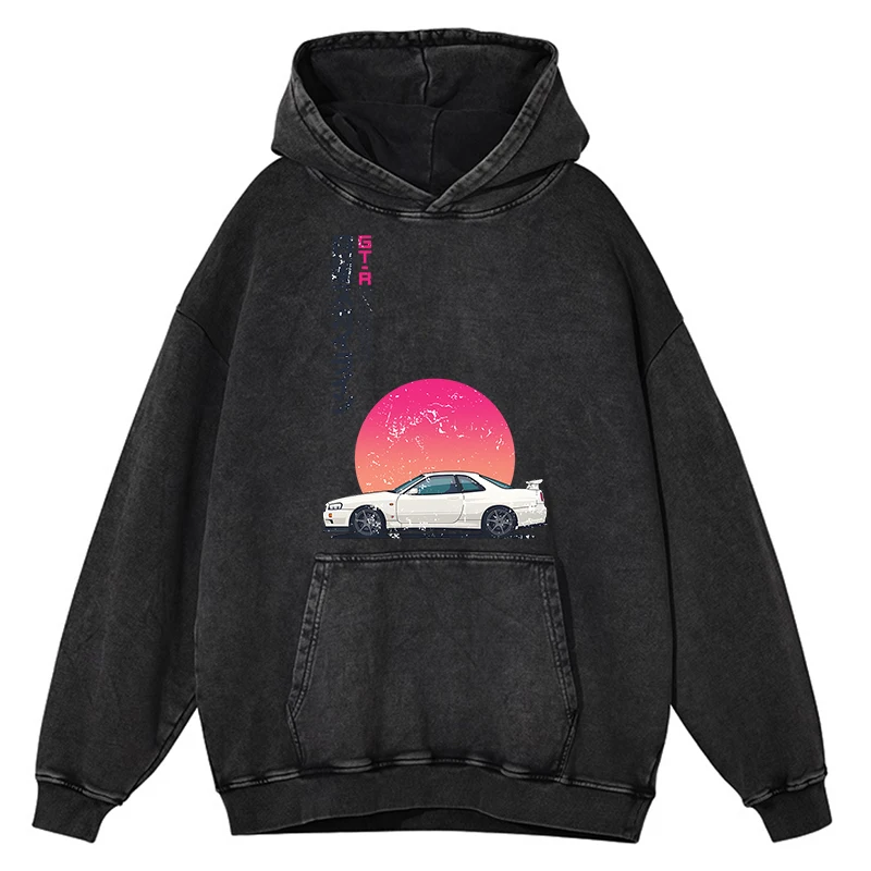 thumbnail image 1 of Sudadera con capucha estilo hip hop holgada y cálida para hombre, ropa de estilo retro desgastado con lavado inicial de coches de carreras japoneses GTR R34, 100 % algodón, talla grande, 1 of 5
