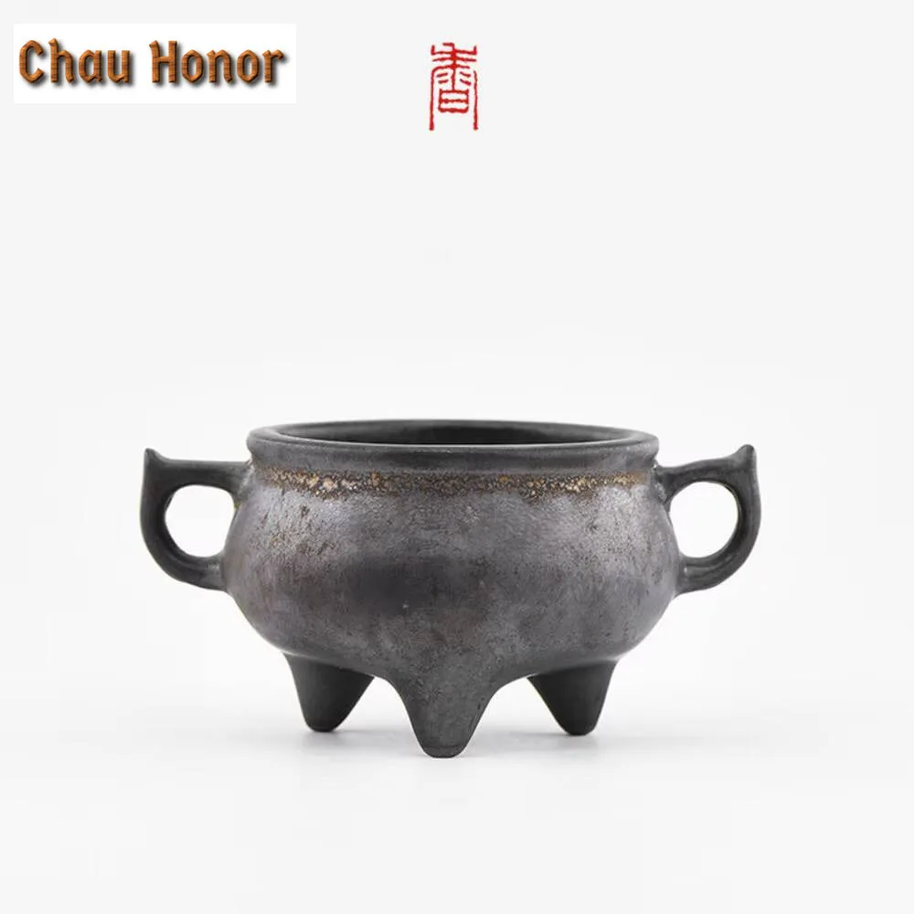 Antique Coarse Pottery Thread Incense Burner Three Legged Tripod Aromatherapy Furnace Meaning Space Tabletop Insert Decoration