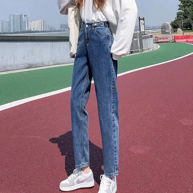 

Student High Waist Jeans Pants Women 2022 Spring Autumn Slim Straight Pants Casual Simple Denim Harem Pants Woman Loose Trousers