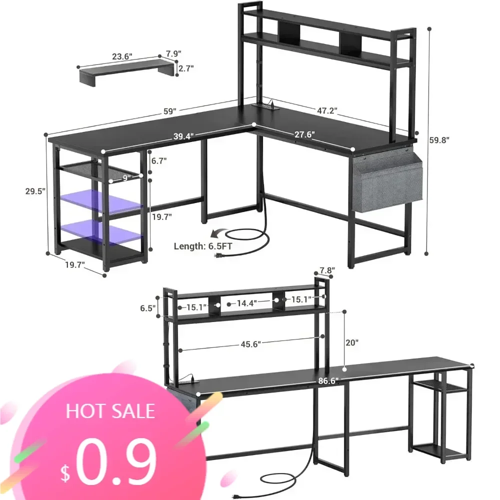 "versatile l-shaped desk with integrated power outlet and led lighting, reversible corner desk for gaming with storage and monit
